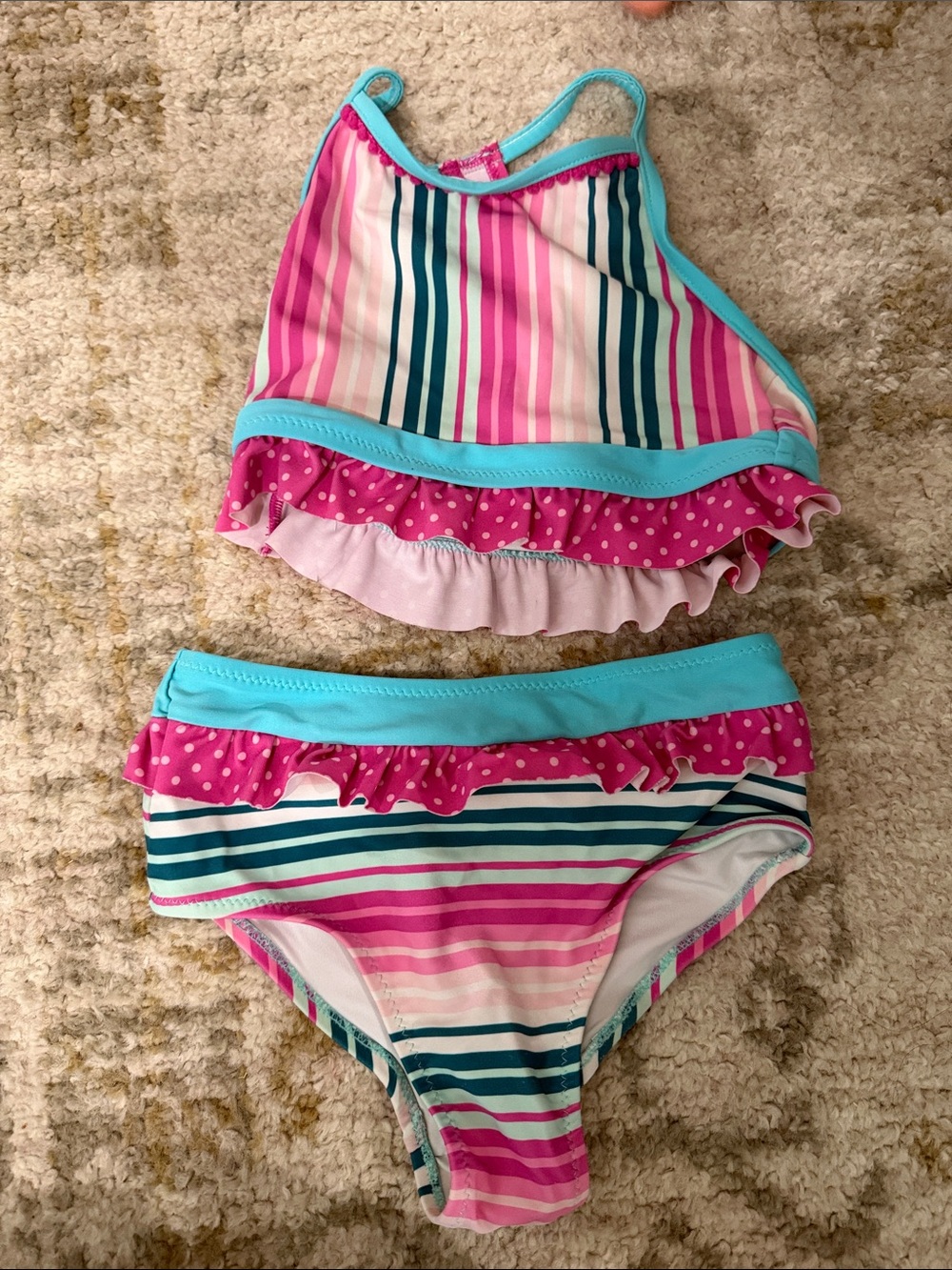 Matilda Jane Girls' Pink & Aqua Stripe Ruffle Two-Piece Swim Set